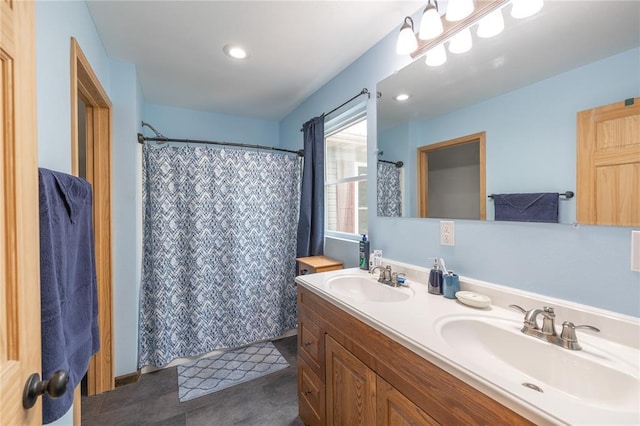 19285 State Route Ee, St James, MO 65559 - bathroom with double vanity, curtained shower, and recessed lighting