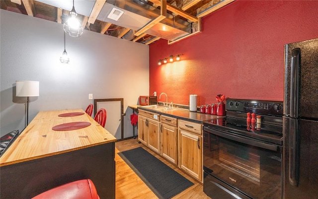 19285 State Route Ee, St James, MO 65559 - kitchen featuring black electric range, freestanding refrigerator, wooden counters, a sink, and light wood-style flooring
