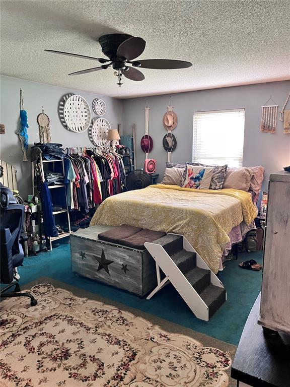 12241 Pipeline Rd, Bourbon, MO 65441 - carpeted bedroom featuring a textured ceiling and a ceiling fan