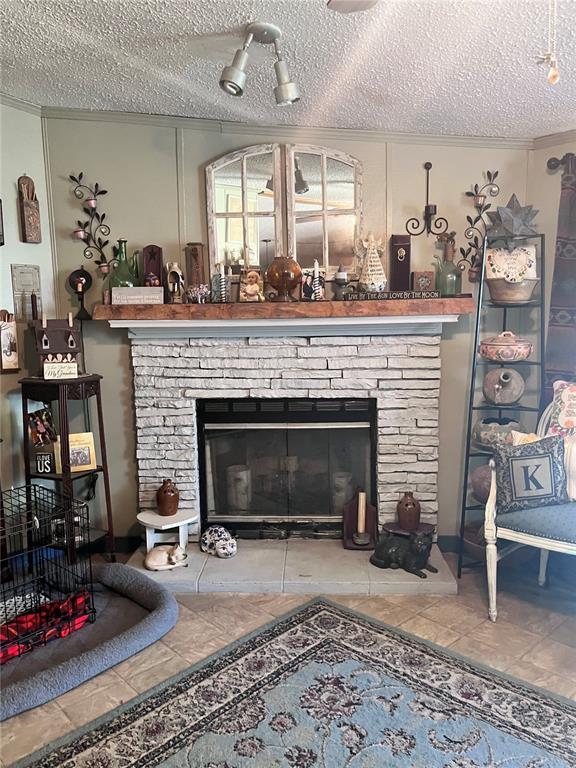 12241 Pipeline Rd, Bourbon, MO 65441 - detailed view of a fireplace and a textured ceiling