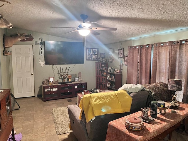 12241 Pipeline Rd, Bourbon, MO 65441 - living room with a ceiling fan, a textured ceiling, tile patterned floors, and vaulted ceiling