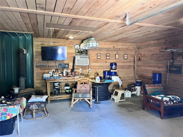 12241 Pipeline Rd, Bourbon, MO 65441 - garage featuring wooden ceiling and wood walls