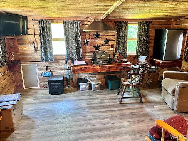 12241 Pipeline Rd, Bourbon, MO 65441 - living area featuring wood ceiling, wood finished floors, and wood walls