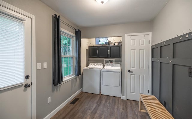 1104 Turkey Run, Rolla, MO 65401 - laundry room featuring cabinet space, dark wood finished floors, baseboards, and washer and dryer