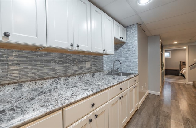 1104 Turkey Run, Rolla, MO 65401 - kitchen featuring a sink, wood finished floors, light stone counters, baseboards, and backsplash