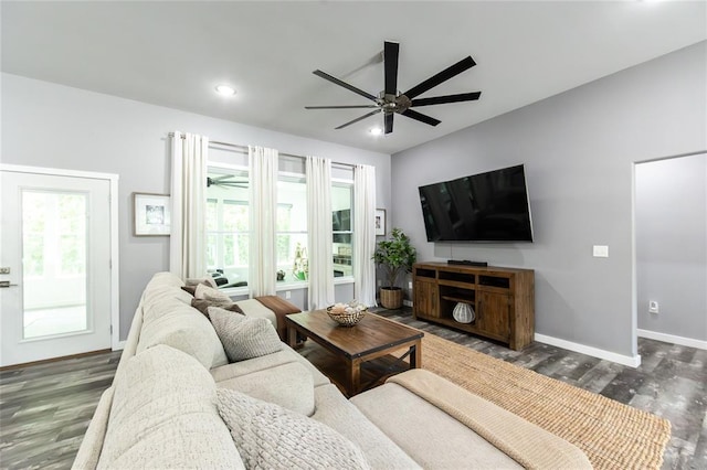 11475 Slate Cir, Rolla, MO 65401 - living area featuring a ceiling fan, baseboards, wood finished floors, and recessed lighting