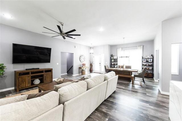 11475 Slate Cir, Rolla, MO 65401 - living room with baseboards, dark wood-style flooring, a ceiling fan, and recessed lighting