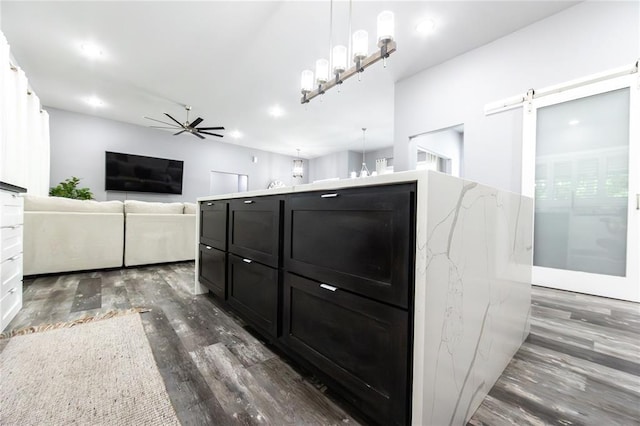 11475 Slate Cir, Rolla, MO 65401 - kitchen featuring dark cabinetry, a ceiling fan, wood finished floors, a barn door, and decorative light fixtures