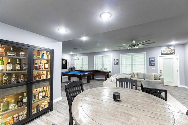 11475 Slate Cir, Rolla, MO 65401 - dining space featuring pool table, baseboards, light wood-style flooring, ceiling fan, and recessed lighting