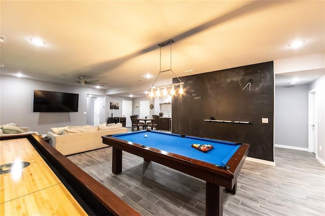11475 Slate Cir, Rolla, MO 65401 - recreation room featuring wood finished floors, pool table, baseboards, ceiling fan, and recessed lighting