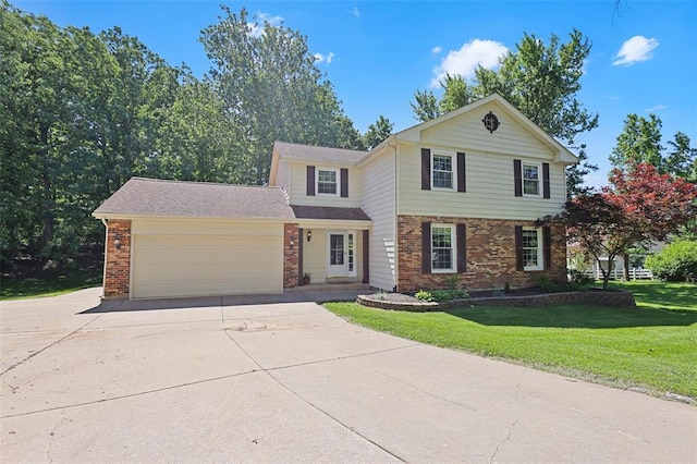 5810 Sorrel Tree Ct, Saint Louis, MO 63129 - traditional-style house featuring brick siding, driveway, an attached garage, and a front lawn