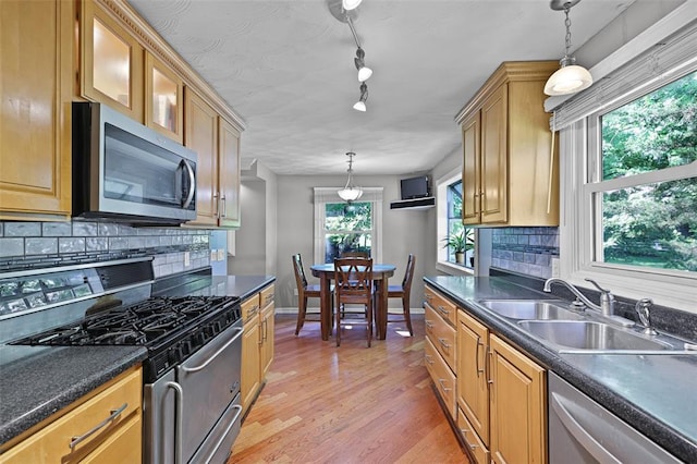5810 Sorrel Tree Ct, Saint Louis, MO 63129 - kitchen with appliances with stainless steel finishes, baseboards, a sink, and decorative light fixtures