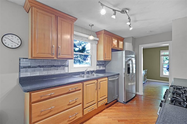 5810 Sorrel Tree Ct, Saint Louis, MO 63129 - kitchen with appliances with stainless steel finishes, a sink, dark countertops, light wood finished floors, and backsplash