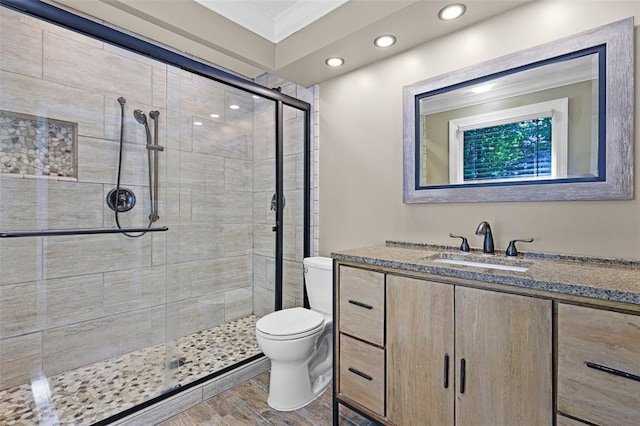 5810 Sorrel Tree Ct, Saint Louis, MO 63129 - bathroom featuring toilet, a shower stall, crown molding, vanity, and recessed lighting