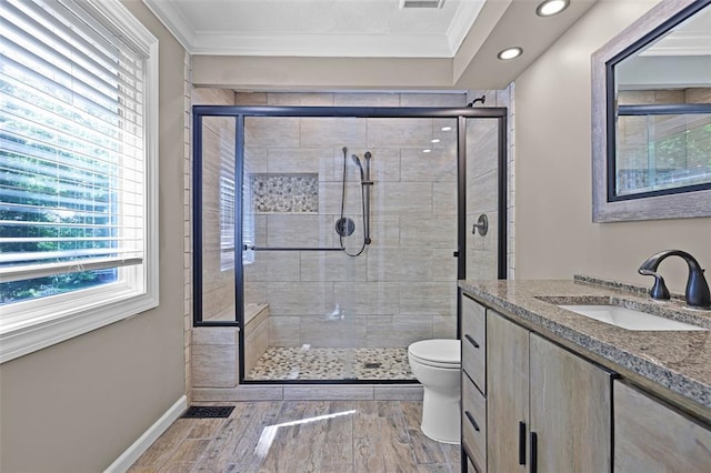 5810 Sorrel Tree Ct, Saint Louis, MO 63129 - full bathroom with toilet, crown molding, vanity, a shower stall, and recessed lighting