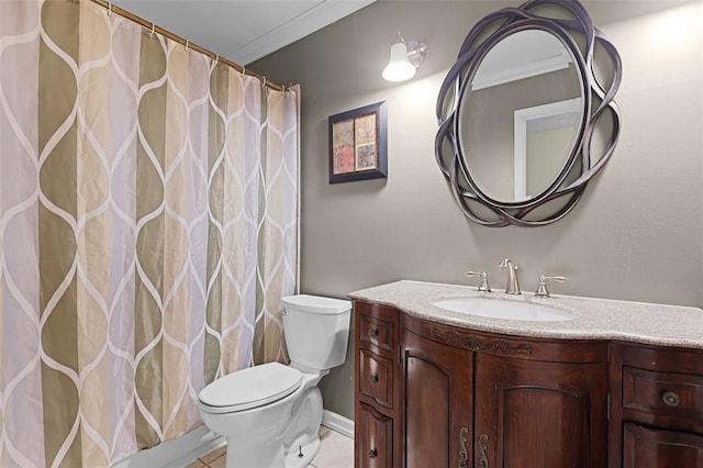 5810 Sorrel Tree Ct, Saint Louis, MO 63129 - bathroom with vanity, toilet, crown molding, tile patterned flooring, and a shower with curtain