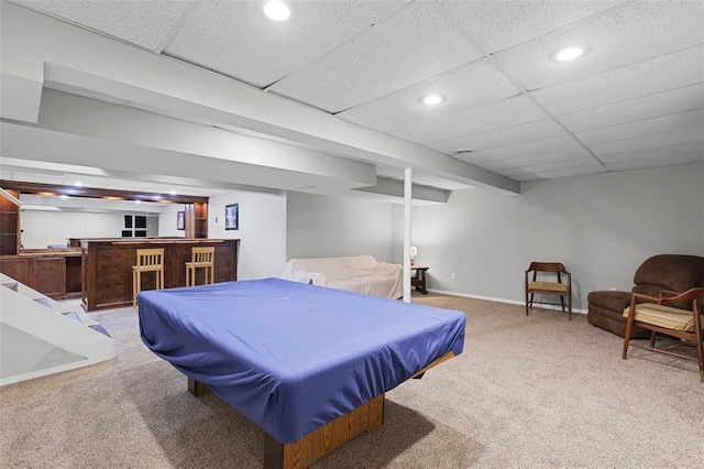5810 Sorrel Tree Ct, Saint Louis, MO 63129 - rec room featuring carpet floors, bar area, baseboards, recessed lighting, and a paneled ceiling
