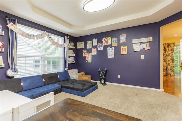 3226 Bridgeport Place Dr, Bridgeton, MO 63044 - living area with carpet, a raised ceiling, and baseboards