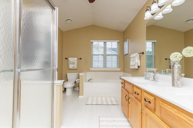 3226 Bridgeport Place Dr, Bridgeton, MO 63044 - bathroom with toilet, vaulted ceiling, a garden tub, a stall shower, and double vanity