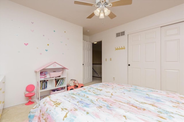 3226 Bridgeport Place Dr, Bridgeton, MO 63044 - bedroom with light carpet, a closet, ceiling fan, and baseboards