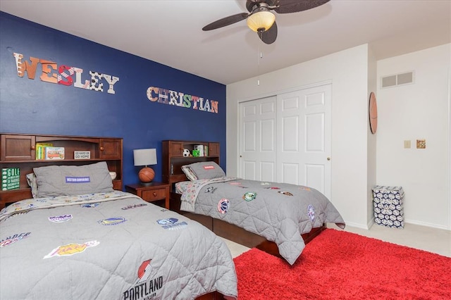 3226 Bridgeport Place Dr, Bridgeton, MO 63044 - bedroom featuring a closet, carpet floors, ceiling fan, and baseboards
