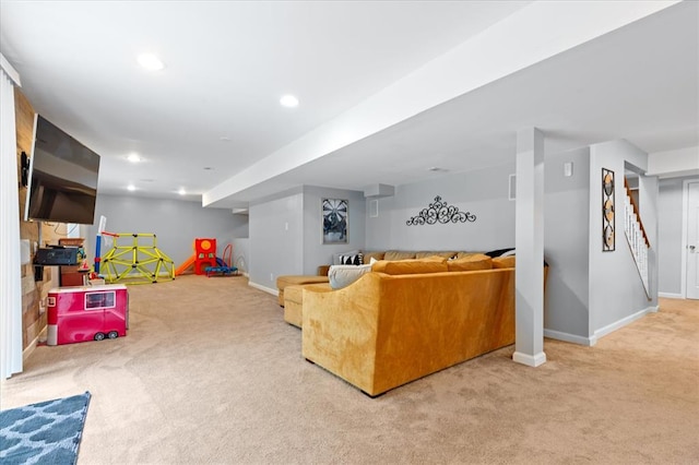 3226 Bridgeport Place Dr, Bridgeton, MO 63044 - living room featuring carpet, baseboards, recessed lighting, and stairs