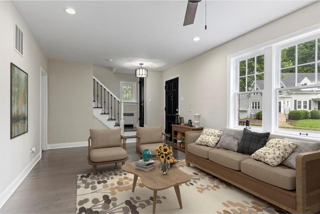 426 Pasadena Ave, Webster Groves, MO 63119 - living room with wood finished floors, recessed lighting, stairway, baseboards, and ceiling fan