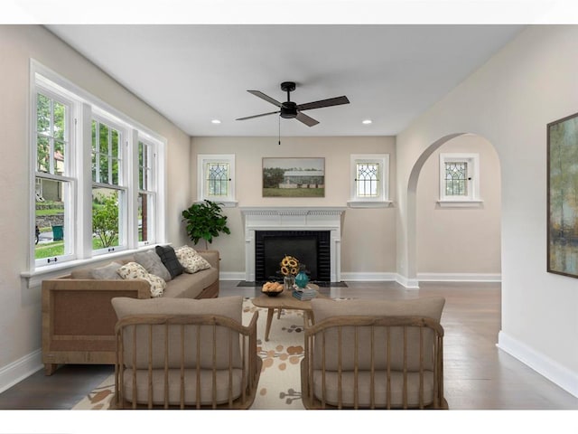 426 Pasadena Ave, Webster Groves, MO 63119 - living room with a ceiling fan, wood finished floors, baseboards, a fireplace with flush hearth, and recessed lighting