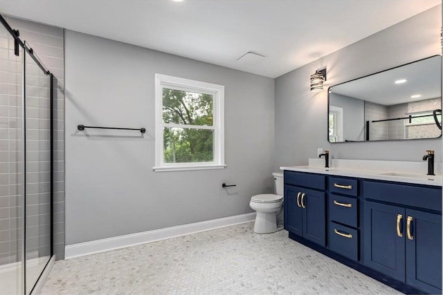 426 Pasadena Ave, Webster Groves, MO 63119 - bathroom with toilet, double vanity, tiled shower, baseboards, and recessed lighting