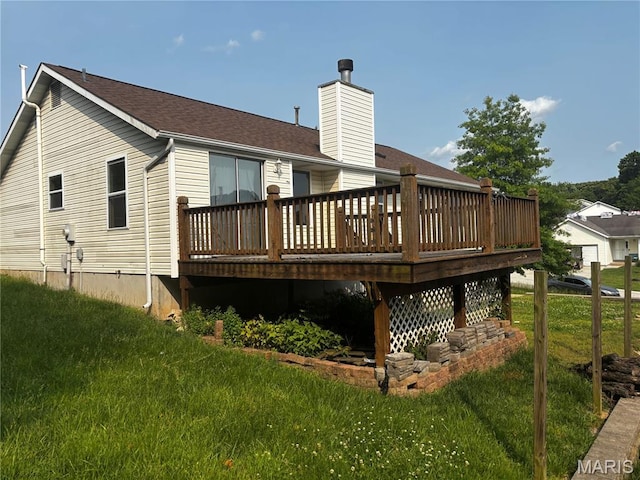7764 Locust Dr, Barnhart, MO 63012 - back of property with a wooden deck, a yard, a chimney, and roof with shingles