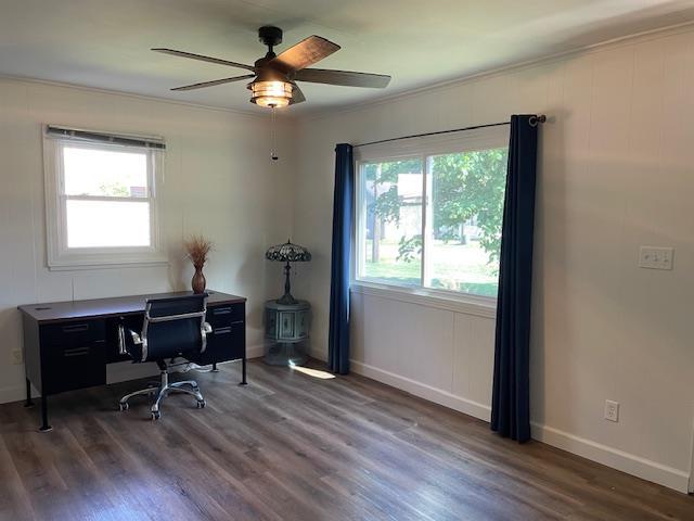 212 E N St, Benton, MO 63736 - office area featuring healthy amount of natural light, wood finished floors, ceiling fan, baseboards, and ornamental molding