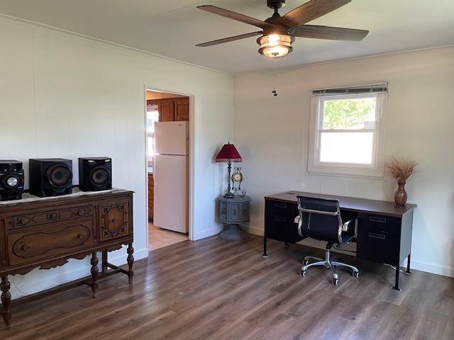 212 E N St, Benton, MO 63736 - home office with ceiling fan, wood finished floors, baseboards, and crown molding