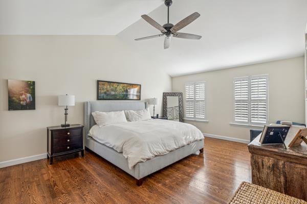 884 Craig Forest Ln, Saint Louis, MO 63122 - bedroom featuring baseboards, wood finished floors, vaulted ceiling, and a ceiling fan