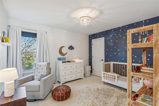 884 Craig Forest Ln, Saint Louis, MO 63122 - carpeted bedroom featuring wallpapered walls and a chandelier