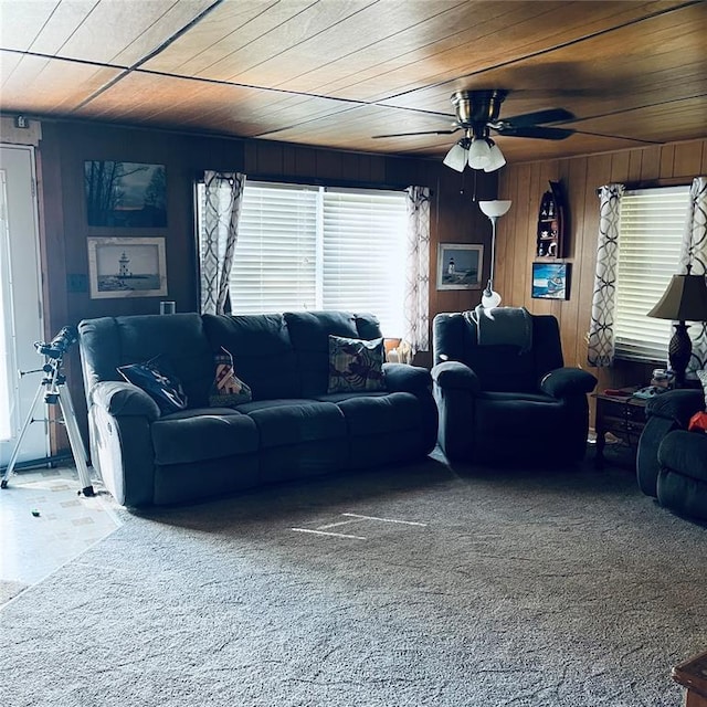 6308 Eagle Ln Unit 6300, French Village, MO 63036 - living room featuring wood ceiling, ceiling fan, and carpet flooring