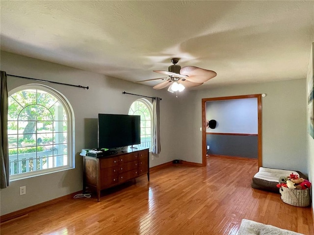 17250 Brewster Ln, Crocker, MO 65452 - living room with light wood-style flooring, ceiling fan, and baseboards