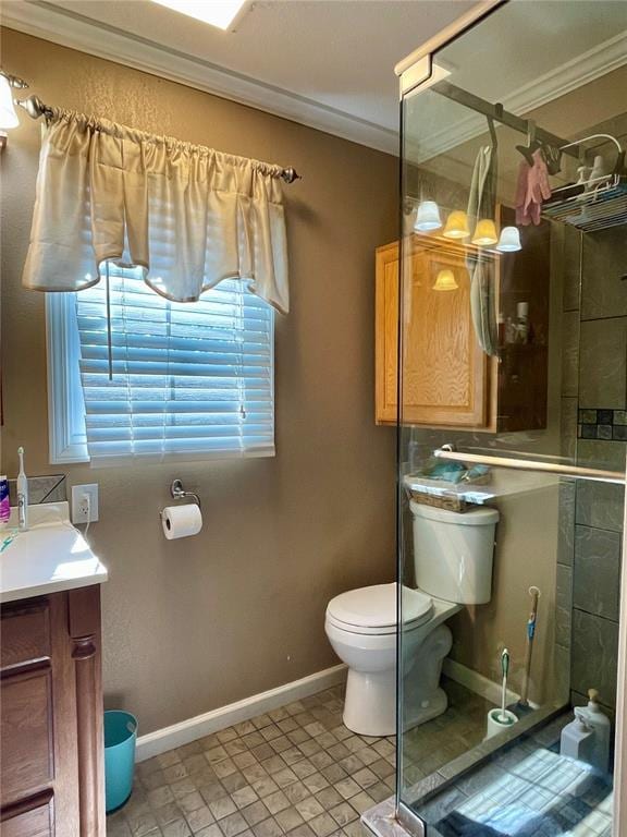 17250 Brewster Ln, Crocker, MO 65452 - full bath with toilet, ornamental molding, vanity, tiled shower, and baseboards