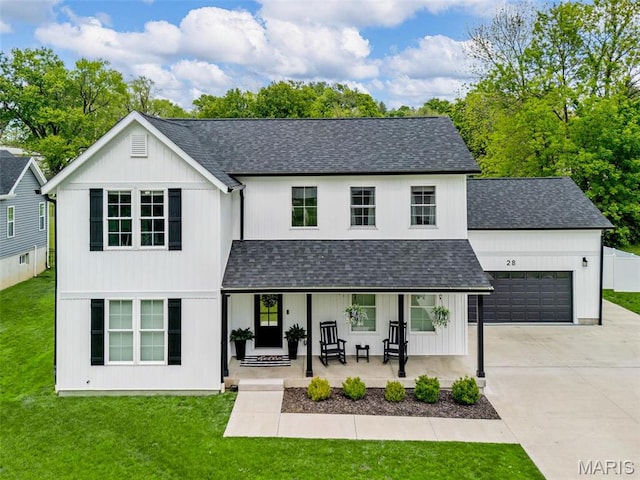 28 Millwell Dr, Maryland Heights, MO 63043 - modern inspired farmhouse featuring a shingled roof, a porch, driveway, and an attached garage