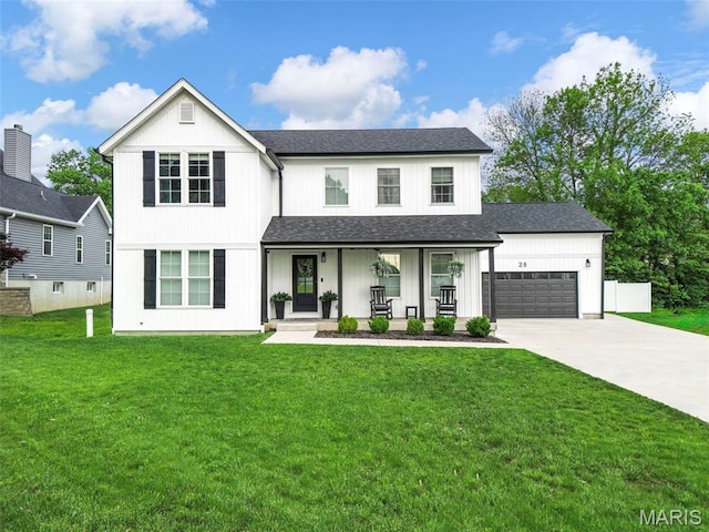 28 Millwell Dr, Maryland Heights, MO 63043 - modern inspired farmhouse featuring a porch, an attached garage, driveway, a front yard, and roof with shingles