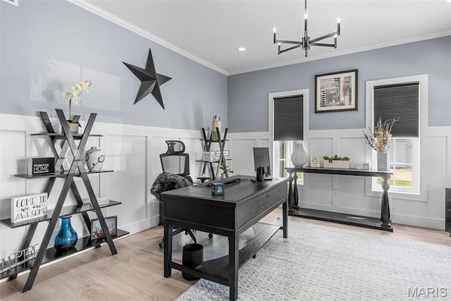 28 Millwell Dr, Maryland Heights, MO 63043 - office space featuring a chandelier, ornamental molding, a decorative wall, wood finished floors, and a wainscoted wall