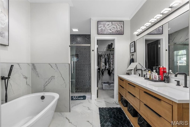 28 Millwell Dr, Maryland Heights, MO 63043 - full bathroom with a stall shower, marble finish floors, double vanity, a soaking tub, and crown molding