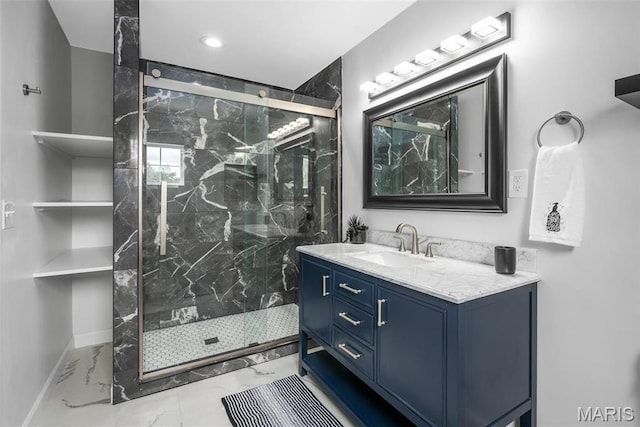 28 Millwell Dr, Maryland Heights, MO 63043 - full bath featuring marble look tiles, a marble finish shower, and vanity