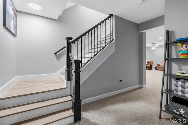 28 Millwell Dr, Maryland Heights, MO 63043 - staircase with a ceiling fan and carpet flooring