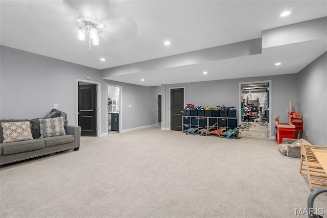 28 Millwell Dr, Maryland Heights, MO 63043 - game room with light colored carpet, a ceiling fan, and recessed lighting
