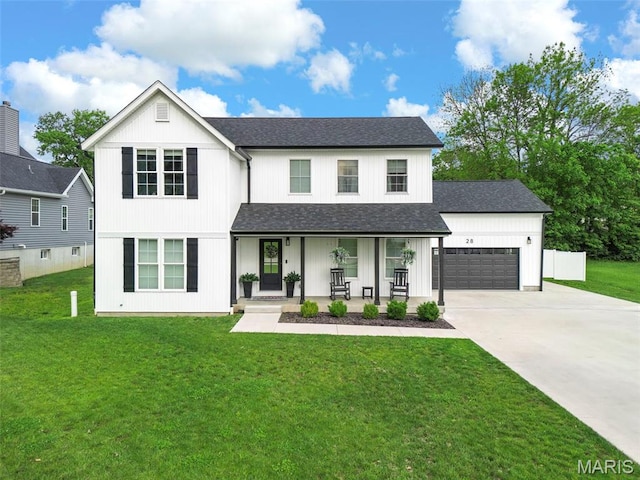 28 Millwell Dr, Maryland Heights, MO 63043 - modern farmhouse with covered porch, a garage, driveway, a front lawn, and roof with shingles