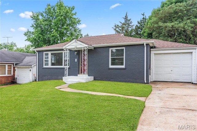 1937 N Hanley Rd, Saint Louis, MO 63114 - view of front of property with brick siding, a front lawn, an attached garage, concrete driveway, and a shingled roof