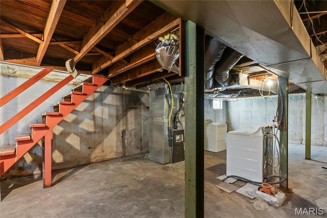 1937 N Hanley Rd, Saint Louis, MO 63114 - unfinished basement with washing machine and clothes dryer, heating unit, and stairway