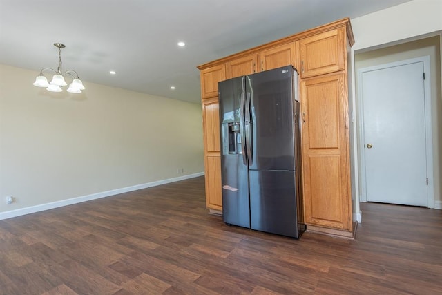 505 Stephanie Ln, Manchester, MO 63011 - kitchen featuring stainless steel fridge, recessed lighting, a chandelier, dark wood-style flooring, and baseboards