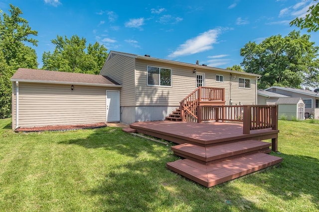 505 Stephanie Ln, Manchester, MO 63011 - back of house with a wooden deck, a lawn, and a shed