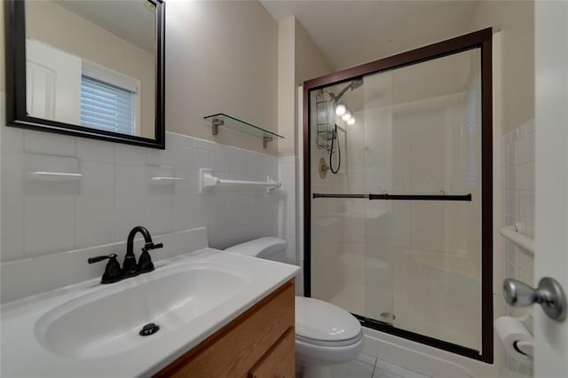 204 Chestnut Dr, Saint Charles, MO 63301 - full bathroom with toilet, a stall shower, vanity, and tile walls